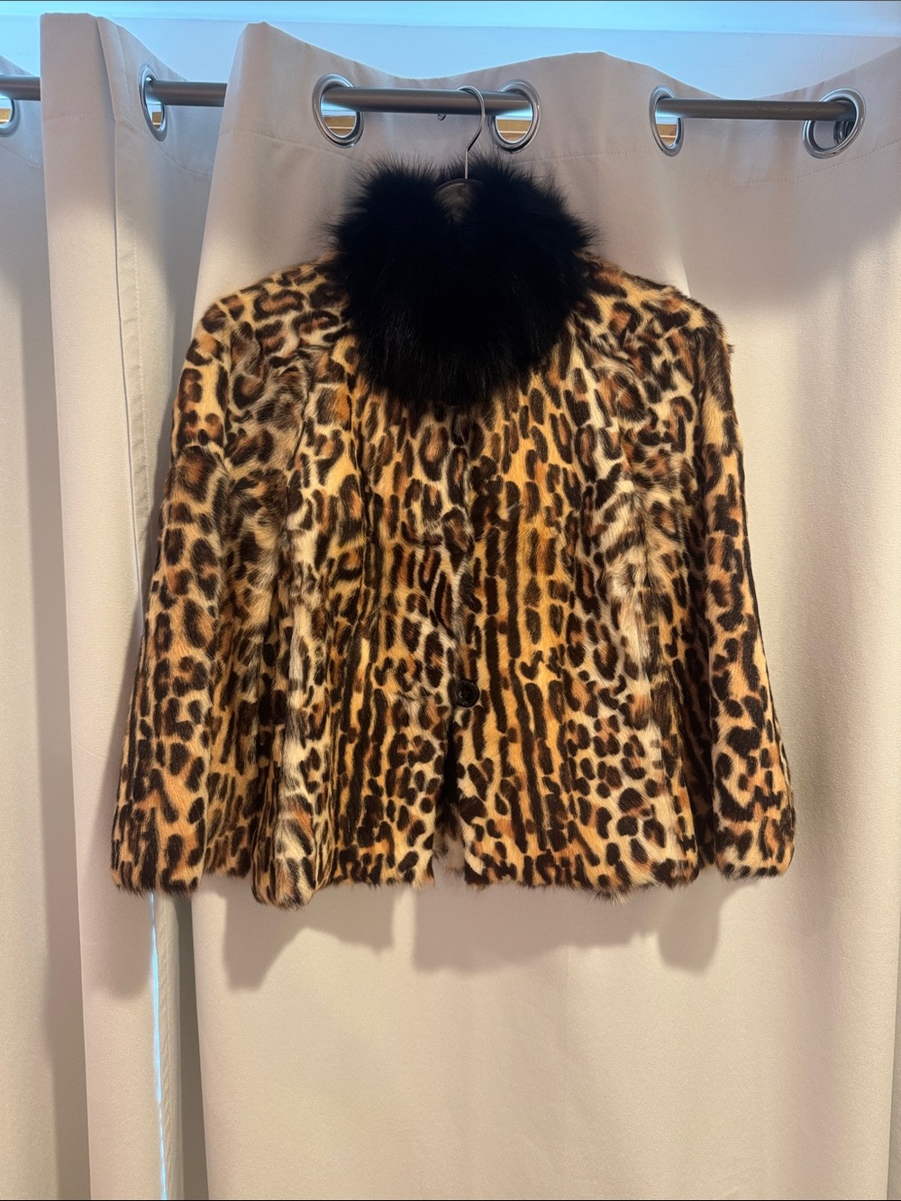 Leopard Print Real Fur Jacket with Black Fur Collar